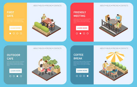 Four street cafe terrace isometric banner set with first date friendly meeting outdoor cafe coffee break headlines vector illustrationのイラスト素材
