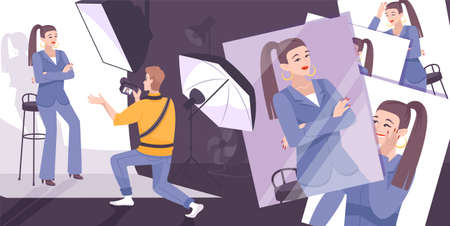 Photography process background with business style symbols flat vector illustrationのイラスト素材