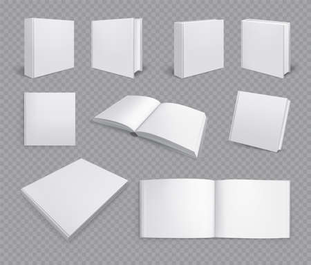 Set of isolated books albums mockup realistic images on transparent background with horizontal pages paint copybook vector illustrationのイラスト素材