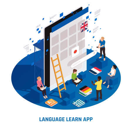 Foreign language learning online courses isometric circular composition with german english french japanese classes apps vector illustration のイラスト素材