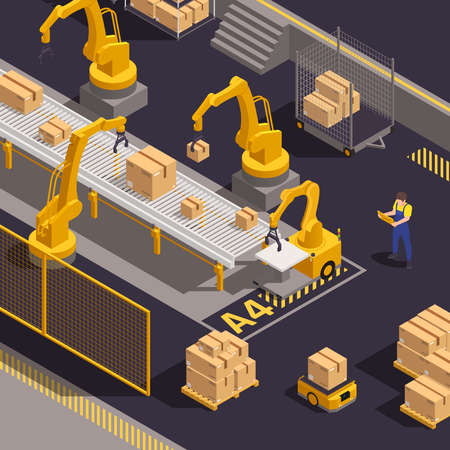 Modern warehouse equipment isometric composition with computer controlled robotic arms loading and sorting cargo packages vector illustrationのイラスト素材