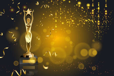 Realistic awards background with composition of flare lights golden confetti and trophy with figurine holding star vector illustrationのイラスト素材