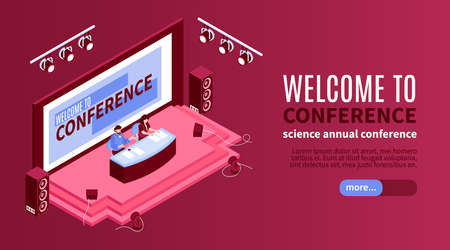 Isometric conference hall horizontal banner with images of stage and tribunes with editable text and button vector illustrationのイラスト素材