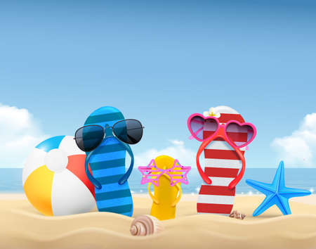 Summer composition with colorful family thong sandals sunglasses ball on beach realistic vector illustrationのイラスト素材