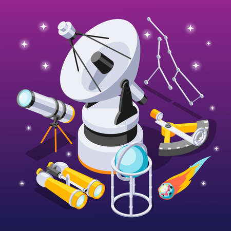 Astronomy isometric composition with icons of observational appliances with constellations of stars on purple gradient background vector illustrationのイラスト素材