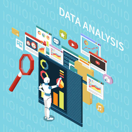 Artificial intelligence isometric composition with data analysis pictograms computer windows and character of robot with text vector illustrationのイラスト素材
