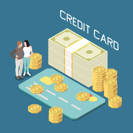 Money borrow with credit card isometric composition with couple surrounded by coins and banknotes piles vector illustration のイラスト素材