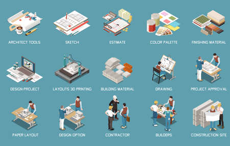 Architect isometric set of isolated icons and images of tools and materials with project and people vector illustrationのイラスト素材