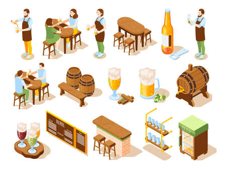 Beer pub isometric icons bar counter kegs menu board bartender and visitor characters isolated vector illustrationのイラスト素材