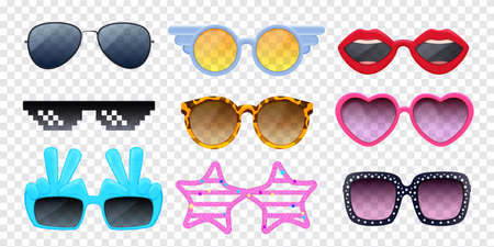 Colorful sunglasses of different shape realistic set isolated on transparent background vector illustrationのイラスト素材