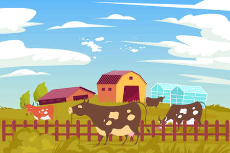 Eco farm cow flat composition with outdoor scenery and peaceful grazing animals with farm buildings hothouses vector illustrationのイラスト素材