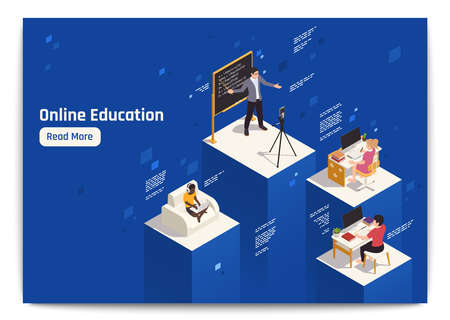 Distance education isometric composition with teacher explaining information online and students studying using their computers 3d vector illustrationのイラスト素材