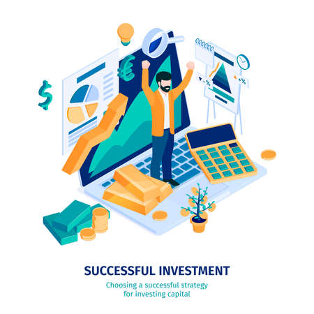Successful investment strategies isometric composition with money piles triumphant entrepreneur on laptop with profits rising analytics vector illustrationのイラスト素材