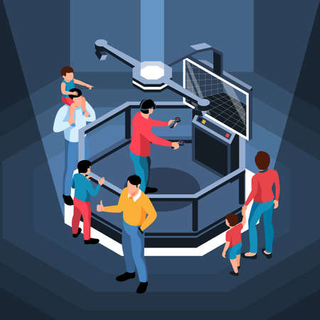 Virtual reality simulator with people around it and man in glasses holding console 3d isometric...