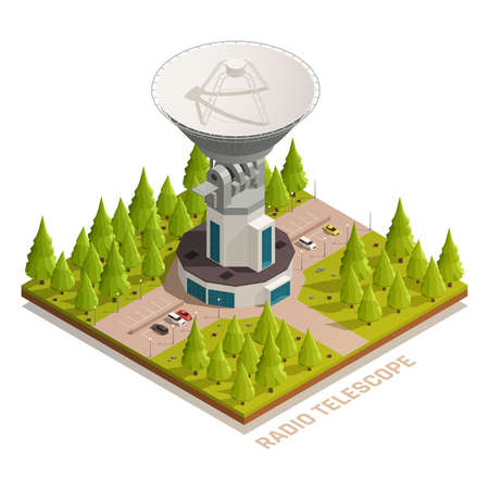 Astronomy isometric composition with big radio telescope 3d vector illustrationのイラスト素材