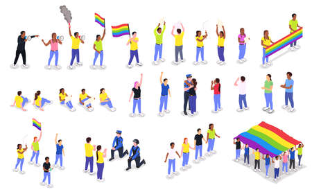 Public protest demonstration set with isolated human characters of protesters with lgbt flags and pride gestures vector illustrationのイラスト素材