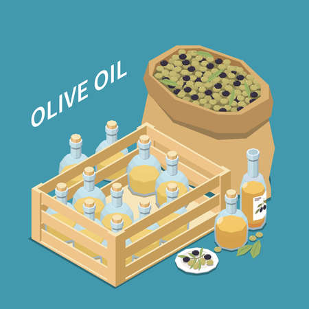 Olive production isometric composition with olives pocket in sack and glass bottles of oil in box vector illustrationのイラスト素材
