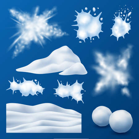 Snow clouds wavy snowdrift mounds exploding bursting snowballs splats realistic elements set blue background vector illustrationのイラスト素材