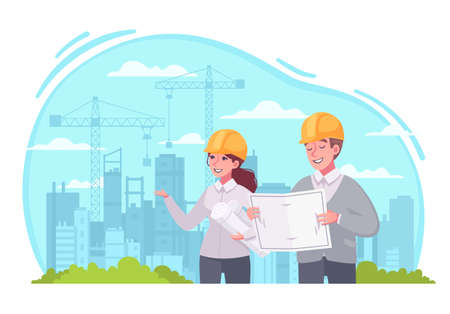 Architect at work composition with cartoon man woman characters in helmets visiting buildings construction site vector illustrationのイラスト素材