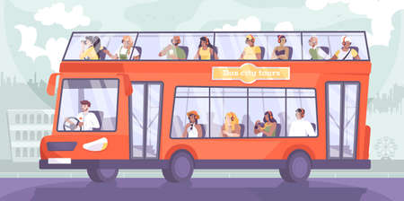 Bus excursion flat composition with cityscape silhouette background and doubledeck sightseeing bus with group of tourists vector illustrationのイラスト素材
