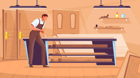 Male carpenter working at door manufacturing workshop flat vector illustrationのイラスト素材