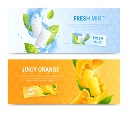 Bubble gum horizontal banner realistic set with mint and orange tastes isolated vector illustrationのイラスト素材