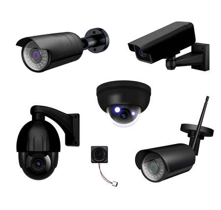 Black video surveillance security cameras realistic and isolated icon set with different types of...