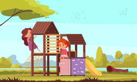 Outdoor activities composition of park landscape with river trees and characters of kids on childrens playground vector illustrationのイラスト素材