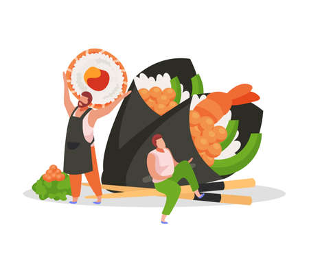 Sushi flat background with two men and japanese food maki and temaki vector illustrationのイラスト素材