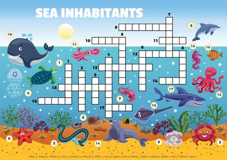 Sea inhabitants funny crossword composition with profile view of ocean floor with fishes and sea weed vector illustrationのイラスト素材