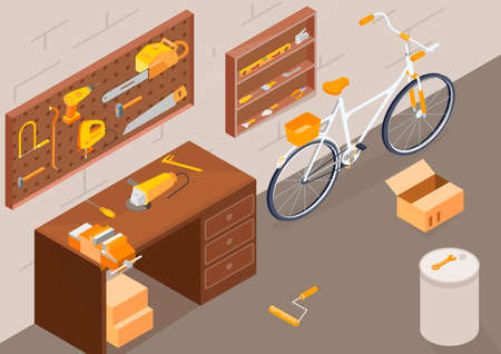 Building tools workshop background with working equipment symbols isometric vector illustrationのイラスト素材