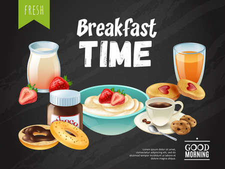 Breakfast time chalkboard with good morning wishing and healthy fresh dairy food icons vector illustrationのイラスト素材