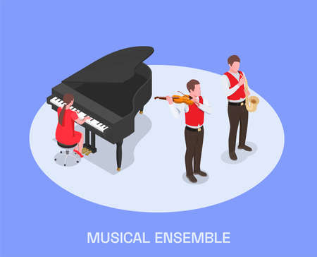 Creative people professions artist isometric composition with text and group of people performing music on instruments vector illustrationのイラスト素材