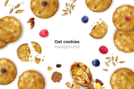 Realistic oat cookies frame background with editable text and isolated images of seeds biscuits and berries vector illustrationのイラスト素材