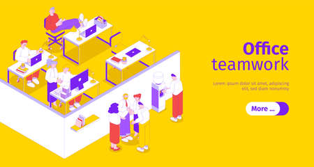 Business office people workplace horizontal isometric web banner with teamwork brainstorming coffee maker yellow background vector illustrationのイラスト素材