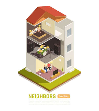 Neighbors relations conflicts excessive noise nuisance suffering from loud music isometric building cutout view vector illustrationのイラスト素材