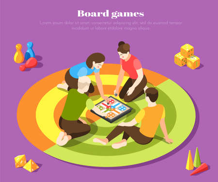 Young people playing together with board game colored background isometric vector illustrationのイラスト素材