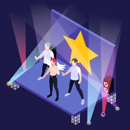 K pop boy group on stage with spotlights and gold star isometric background 3d vector illustrationのイラスト素材