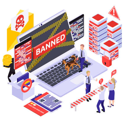Cyber security spyware data protection isometric composition with pictograms images of servers laptop and cordon lines vector illustrationのイラスト素材
