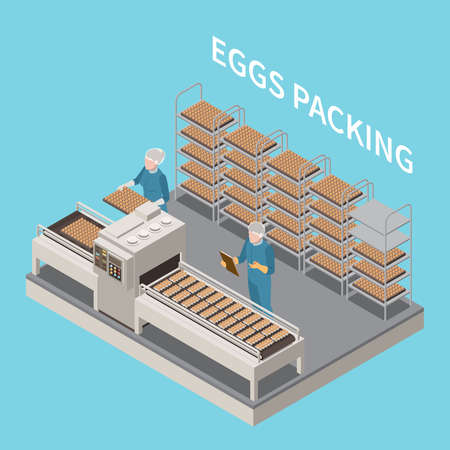 Eggs packing isometric background with two people in uniform working on conveyor vector illustrationのイラスト素材