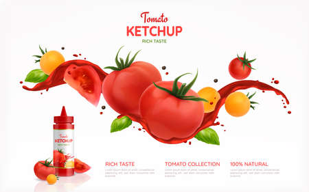 Tomatoes ketchup realistic poster with rich taste symbols vector illustrationのイラスト素材