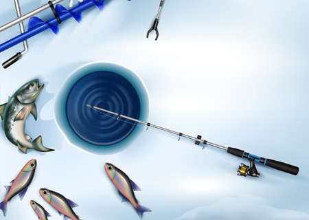 Winter fishing banner composition of realistic fish images with hole in ice and fish tackle icons vector illustrationのイラスト素材