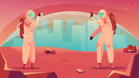 Space tourism flat composition with extraterrestrial base background with cityscape and characters of astronauts taking photos vector illustrationのイラスト素材