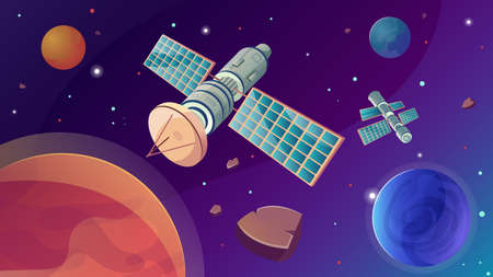 Space satellite flat composition with outer space scenery stars and planets with meteorites and...