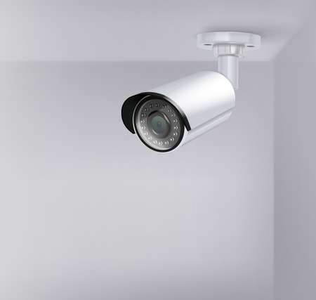 Video surveillance security cameras realistic composition camera hangs in the corner behind the top...