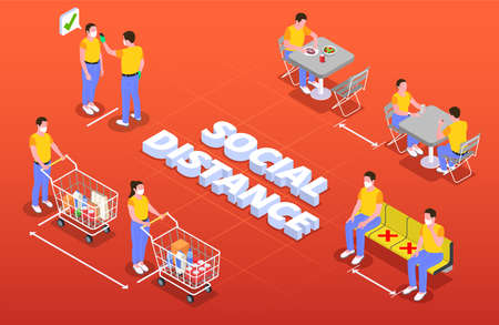 Social distancing isometric composition with text and people keeping safe amount of distance in...