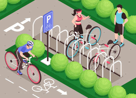 Isometric bicycle parking composition with outdoor scenery bike path human characters and rack for parking bicycles vector illustrationのイラスト素材