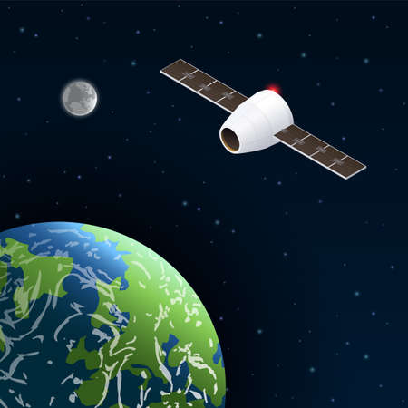 Modern space program isometric composition with outer space scenery secondary planet and artificial satellite with stars vector illustrationのイラスト素材