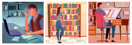 Flat set of compositions with writer and illustrator at their work places and woman choosing books in shop isolated vector illustrationのイラスト素材