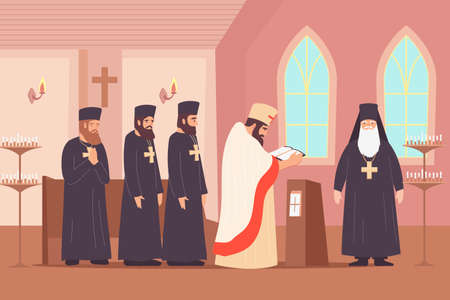 Christianity religion flat composition with indoor scenery of chapel with clerical order characters...
